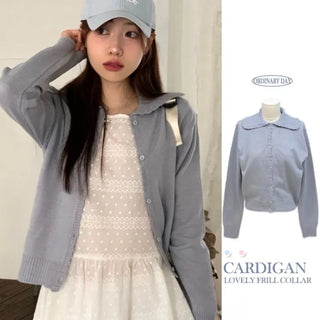 Cloud Lovely Frill Collar Lovely Button Long Sleeve Knit Cardigan