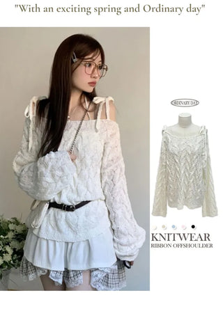 Frilly ribbon off-shoulder vintage feminine loose fit boat neck long knit