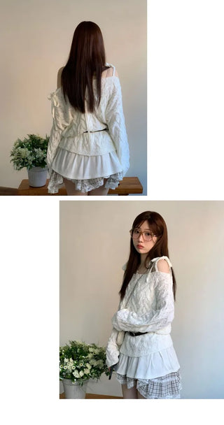 Frilly ribbon off-shoulder vintage feminine loose fit boat neck long knit