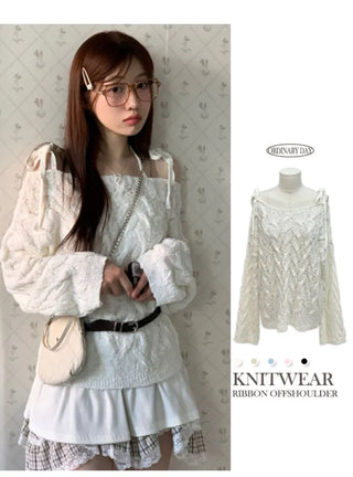 Frilly ribbon off-shoulder vintage feminine loose fit boat neck long knit