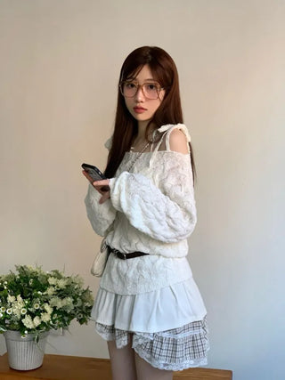 Frilly ribbon off-shoulder vintage feminine loose fit boat neck long knit