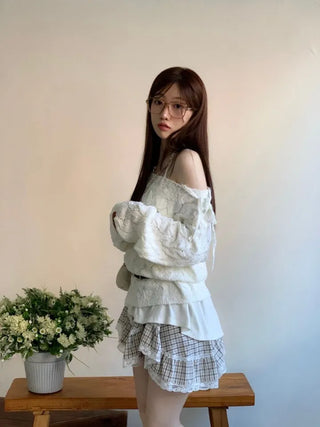 Frilly ribbon off-shoulder vintage feminine loose fit boat neck long knit