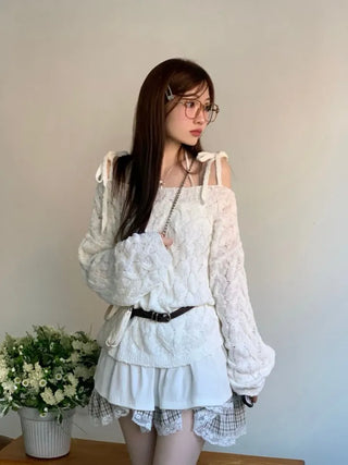 Frilly ribbon off-shoulder vintage feminine loose fit boat neck long knit
