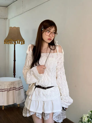 Frilly ribbon off-shoulder vintage feminine loose fit boat neck long knit