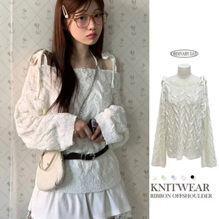 Frilly ribbon off-shoulder vintage feminine loose fit boat neck long knit