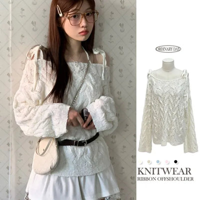 Frilly ribbon off-shoulder vintage feminine loose fit boat neck long knit