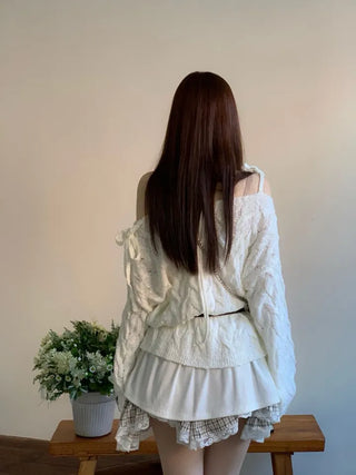 Frilly ribbon off-shoulder vintage feminine loose fit boat neck long knit
