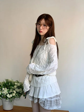 Frilly ribbon off-shoulder vintage feminine loose fit boat neck long knit