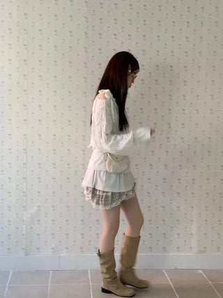 Frilly ribbon off-shoulder vintage feminine loose fit boat neck long knit