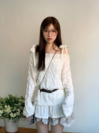 Frilly ribbon off-shoulder vintage feminine loose fit boat neck long knit