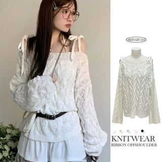 Frilly ribbon off-shoulder vintage feminine loose fit boat neck long knit