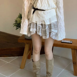 Frilly ribbon off-shoulder vintage feminine loose fit boat neck long knit