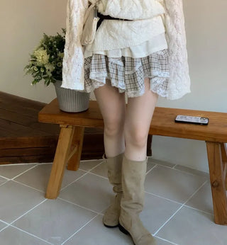 Frilly ribbon off-shoulder vintage feminine loose fit boat neck long knit