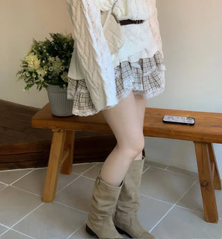 Frilly ribbon off-shoulder vintage feminine loose fit boat neck long knit