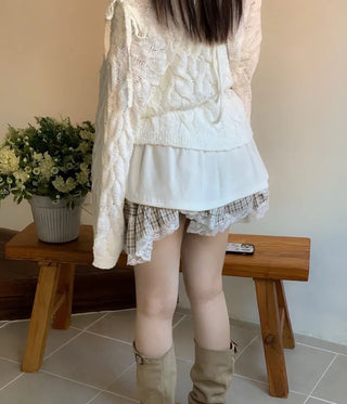 Frilly ribbon off-shoulder vintage feminine loose fit boat neck long knit