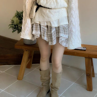 Frilly ribbon off-shoulder vintage feminine loose fit boat neck long knit