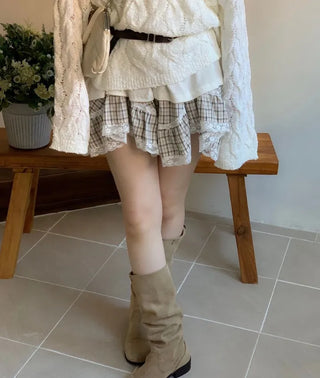 Frilly ribbon off-shoulder vintage feminine loose fit boat neck long knit