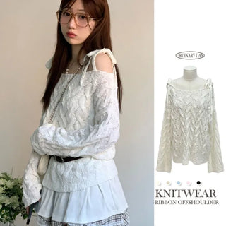 Frilly ribbon off-shoulder vintage feminine loose fit boat neck long knit