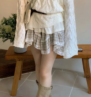 Frilly ribbon off-shoulder vintage feminine loose fit boat neck long knit