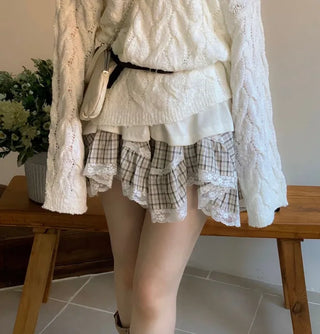 Frilly ribbon off-shoulder vintage feminine loose fit boat neck long knit