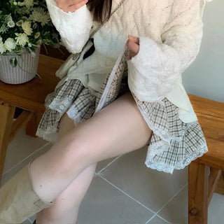 Frilly ribbon off-shoulder vintage feminine loose fit boat neck long knit