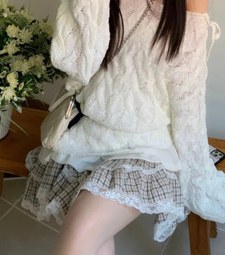 Frilly ribbon off-shoulder vintage feminine loose fit boat neck long knit