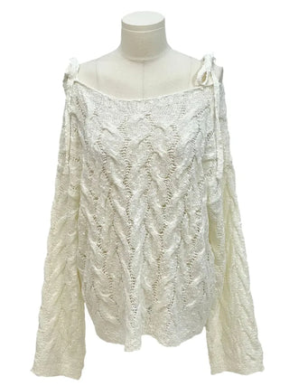 Frilly ribbon off-shoulder vintage feminine loose fit boat neck long knit