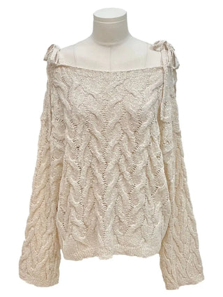 Frilly ribbon off-shoulder vintage feminine loose fit boat neck long knit