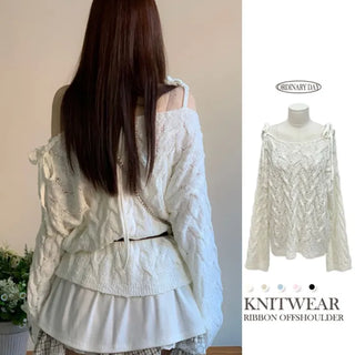 Frilly ribbon off-shoulder vintage feminine loose fit boat neck long knit