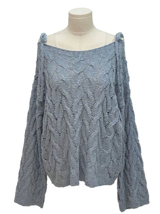 Frilly ribbon off-shoulder vintage feminine loose fit boat neck long knit