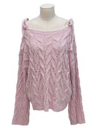Frilly ribbon off-shoulder vintage feminine loose fit boat neck long knit