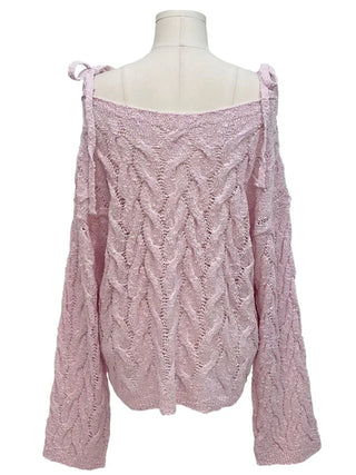 Frilly ribbon off-shoulder vintage feminine loose fit boat neck long knit