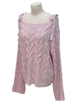 Frilly ribbon off-shoulder vintage feminine loose fit boat neck long knit