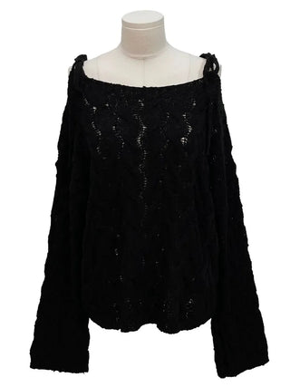 Frilly ribbon off-shoulder vintage feminine loose fit boat neck long knit
