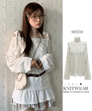 Frilly ribbon off-shoulder vintage feminine loose fit boat neck long knit