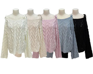 Frilly ribbon off-shoulder vintage feminine loose fit boat neck long knit