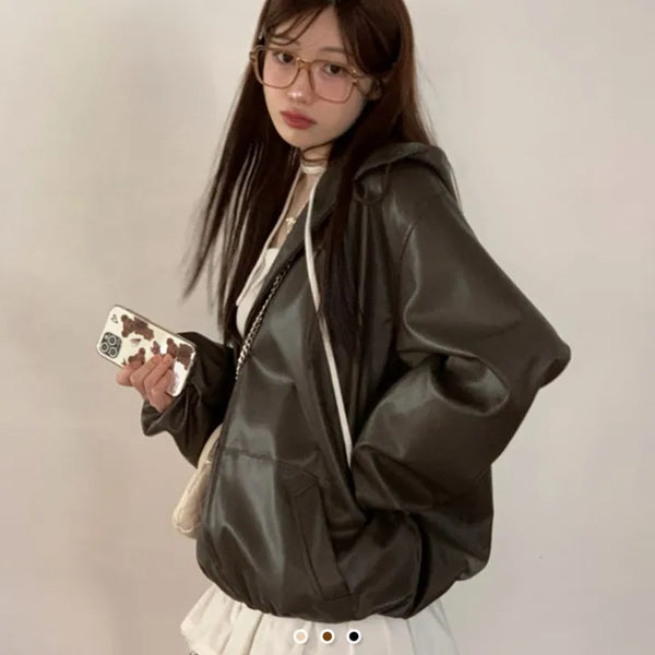S'mores Shibori Banding Vintage Loose Fit Hooded Leather Jacket Jumper