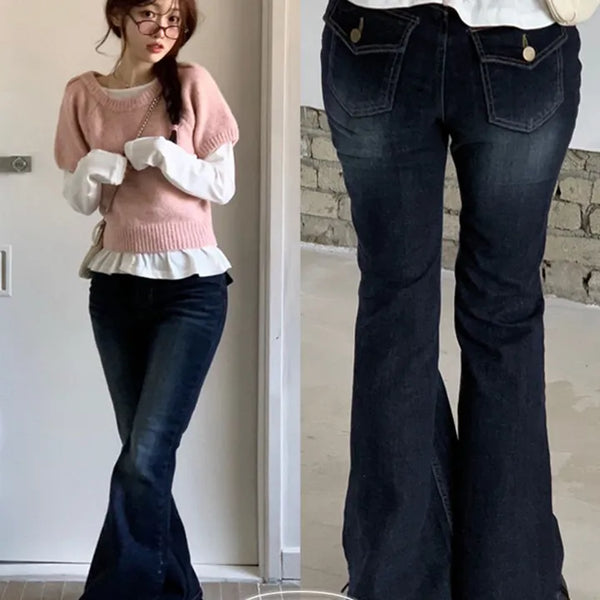 Boatney Glam Volume Back Pocket Semi-Bootcut Washed Denim Long Pants