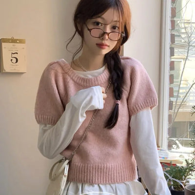 Sweet Vintage Lovely Layered Puff Short Sleeve Knit