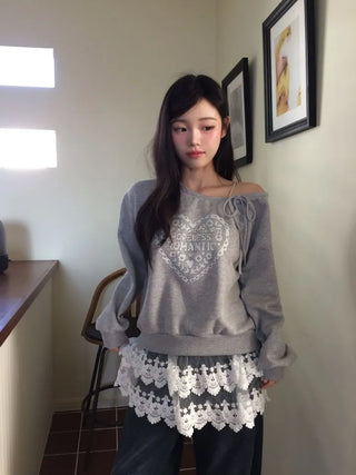 Ecru Yeoriabangfit Ribbon One-off Shoulder Printed Man-to-Man
