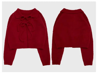 Cherry Vintage Lovely Double Ribbon Collar Neck Boucle Loose Fit Knit Cardigan