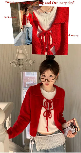 Cherry Vintage Lovely Double Ribbon Collar Neck Boucle Loose Fit Knit Cardigan