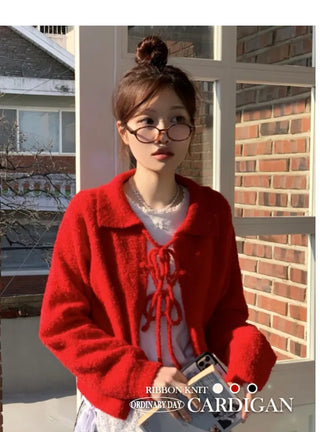 Cherry Vintage Lovely Double Ribbon Collar Neck Boucle Loose Fit Knit Cardigan