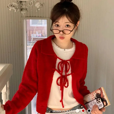 Cherry Vintage Lovely Double Ribbon Collar Neck Boucle Loose Fit Knit Cardigan