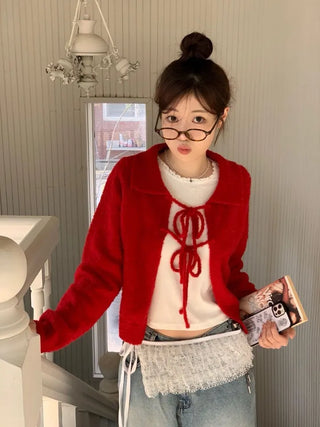 Cherry Vintage Lovely Double Ribbon Collar Neck Boucle Loose Fit Knit Cardigan