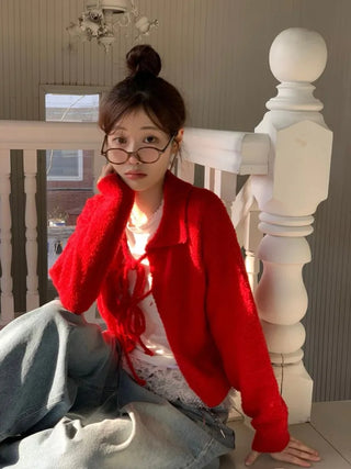 Cherry Vintage Lovely Double Ribbon Collar Neck Boucle Loose Fit Knit Cardigan
