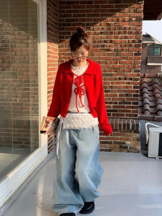 Cherry Vintage Lovely Double Ribbon Collar Neck Boucle Loose Fit Knit Cardigan