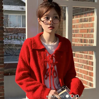 Cherry Vintage Lovely Double Ribbon Collar Neck Boucle Loose Fit Knit Cardigan