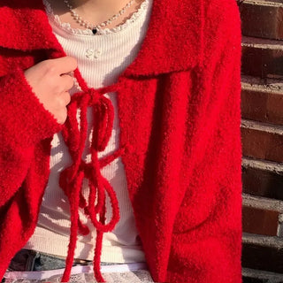 Cherry Vintage Lovely Double Ribbon Collar Neck Boucle Loose Fit Knit Cardigan