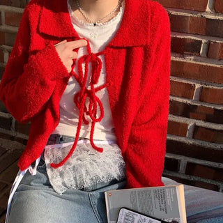Cherry Vintage Lovely Double Ribbon Collar Neck Boucle Loose Fit Knit Cardigan